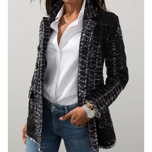 Chico's Tweed Lace Embroidered Metallic Cardigan Jacket Sweater Blazer Size 3 XL - Picture 1 of 16